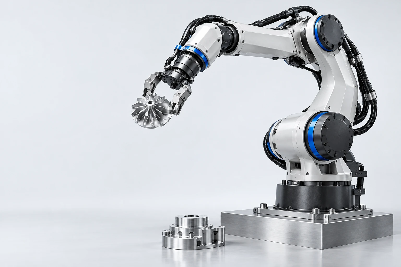 Illustration of an industrial robot holding a precision-machined aluminium part
